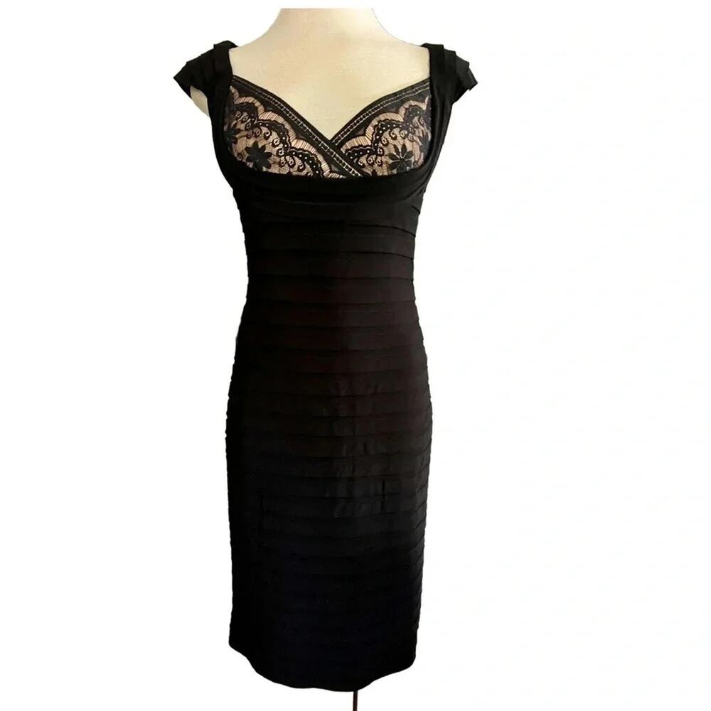 Adrianna Papell Black Lace Shutter Pleat Tiered Sleeveless Sheath Dress Size